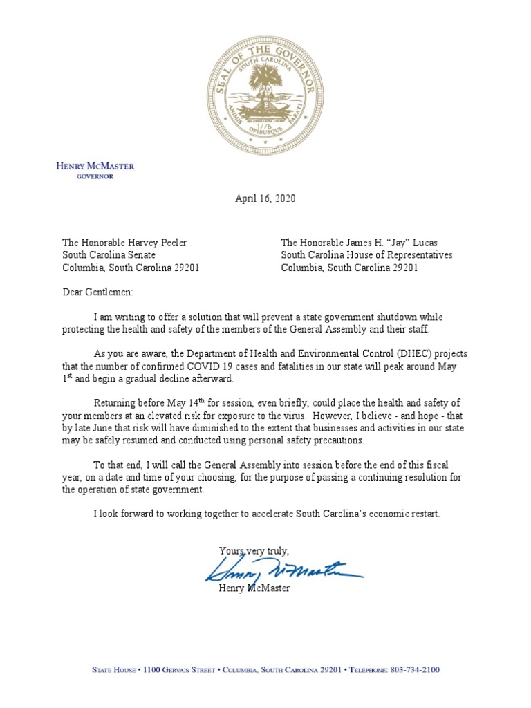 Letter From Gov. Henry McMaster to Lawmakers on April 16, 2020