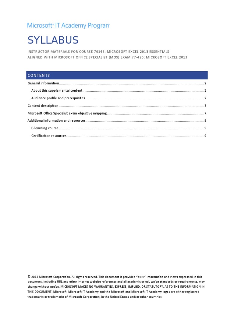 ITA 70148 Excel 2013 NoCC Syllabus | PDF | Worksheet | Microsoft Excel