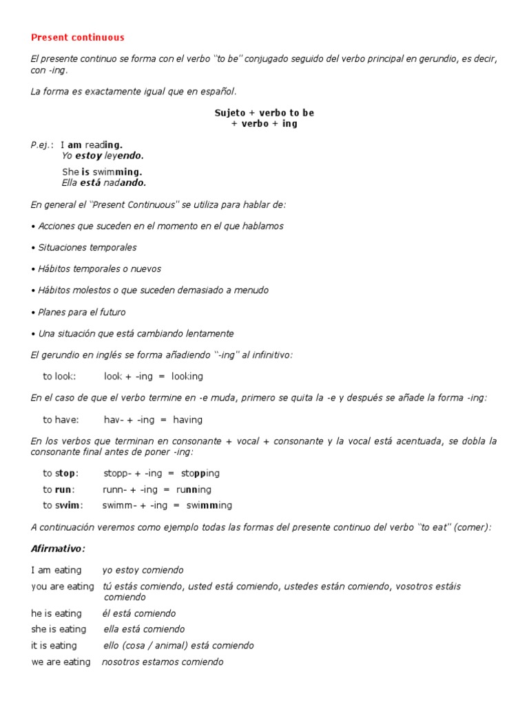 Uso del Presente Continuo en Inglés | PDF | Verbo | Preposición y ...