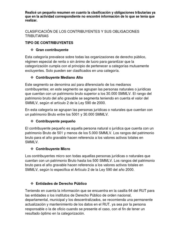 Clasificación y Obligaciones de Contribuyentes | PDF | Organización sin ...