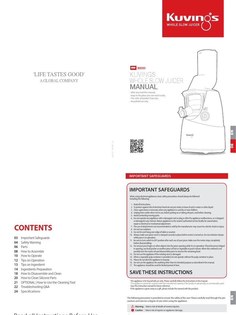Manual Kuvings Whole Slow Juicer PDF Juice Diet & Nutrition