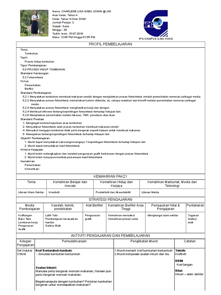 RPH Sains Tahun 4 Tajuk: Fotosintesis | PDF