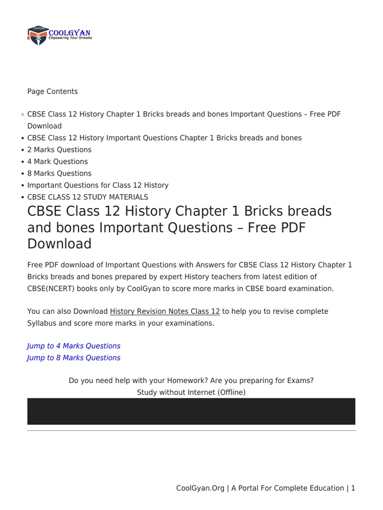 Important Questions For CBSE Class 12 HISTORY Chapter 1 Bricks Breads ...