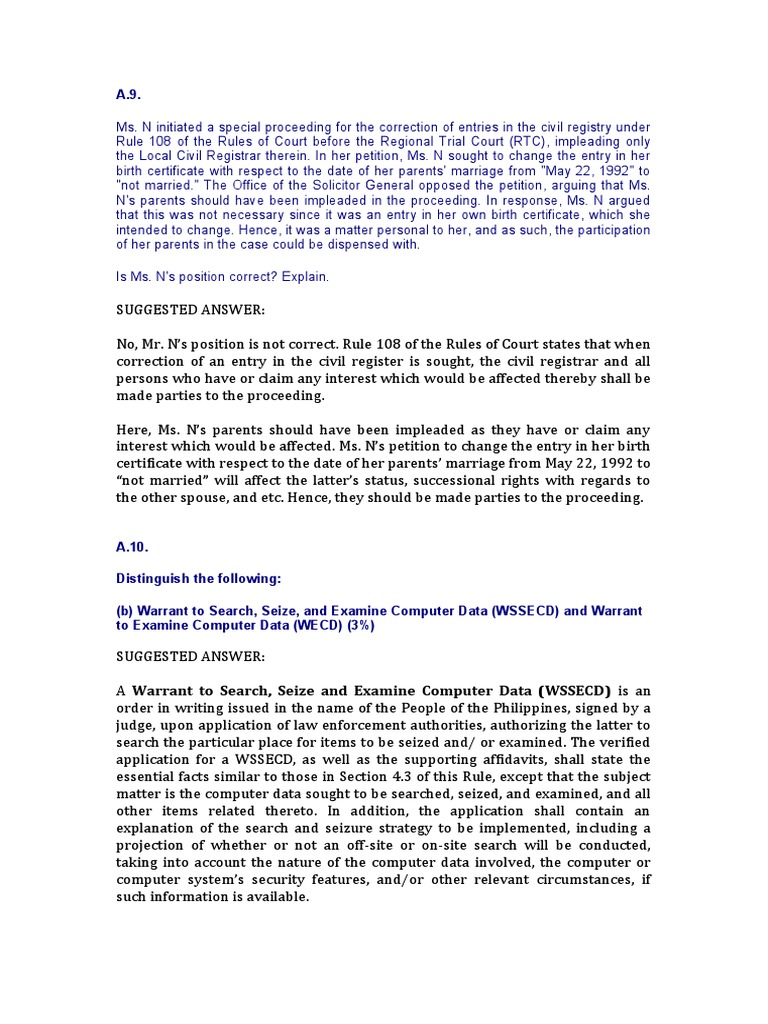 2019 REMEDIAL LAW BAR Qs AND SUGGESTED ANSWERS - Kulang | PDF | Plea ...