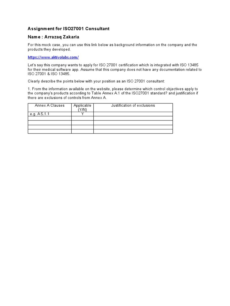 ISO 27001 Consultant Assignment Overview | PDF | Information Security ...