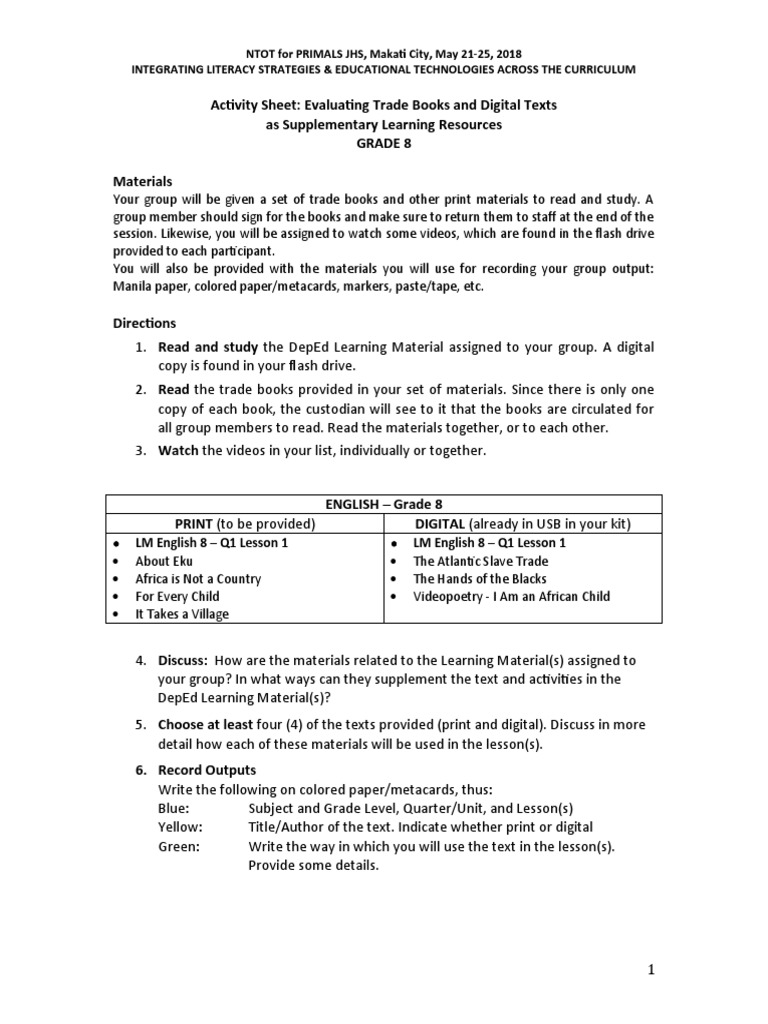 Grade 8 English Activity Sheet | PDF | Behavior Modification ...