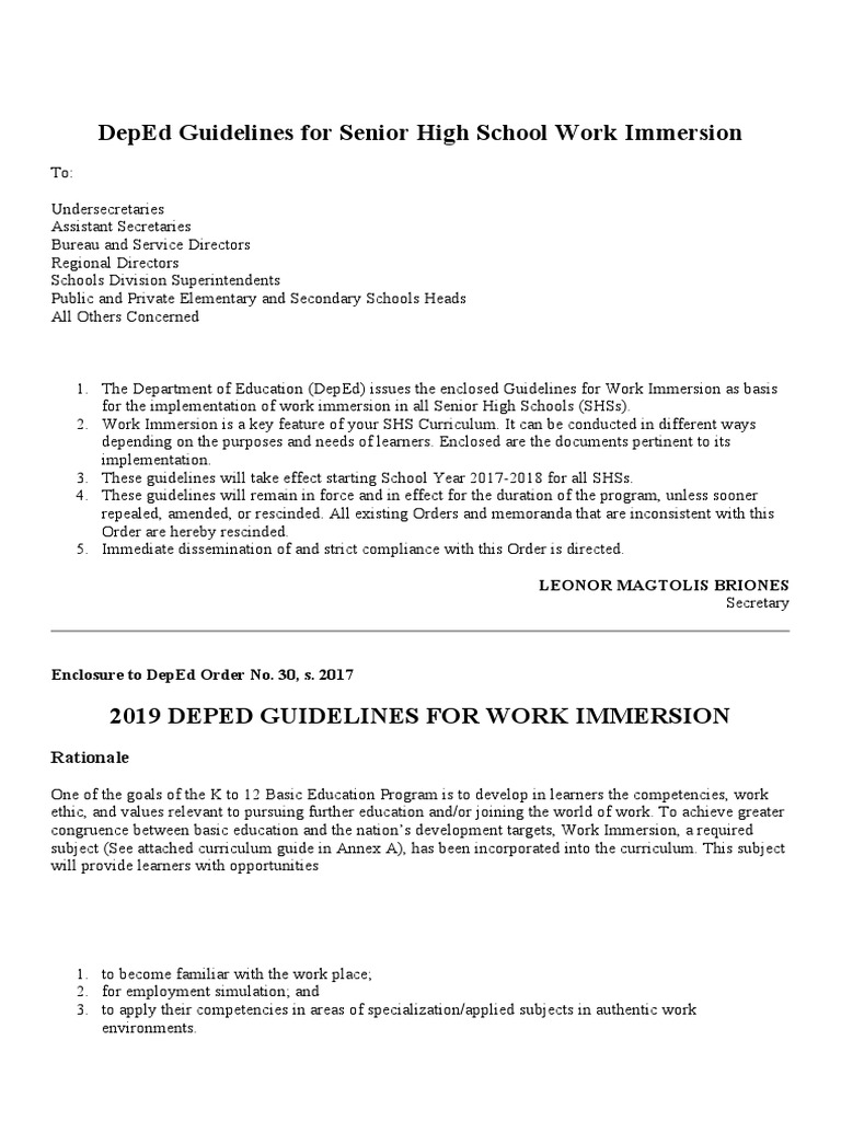 DepEd Senior High School Work Immersion Guidelines | PDF | Educational ...