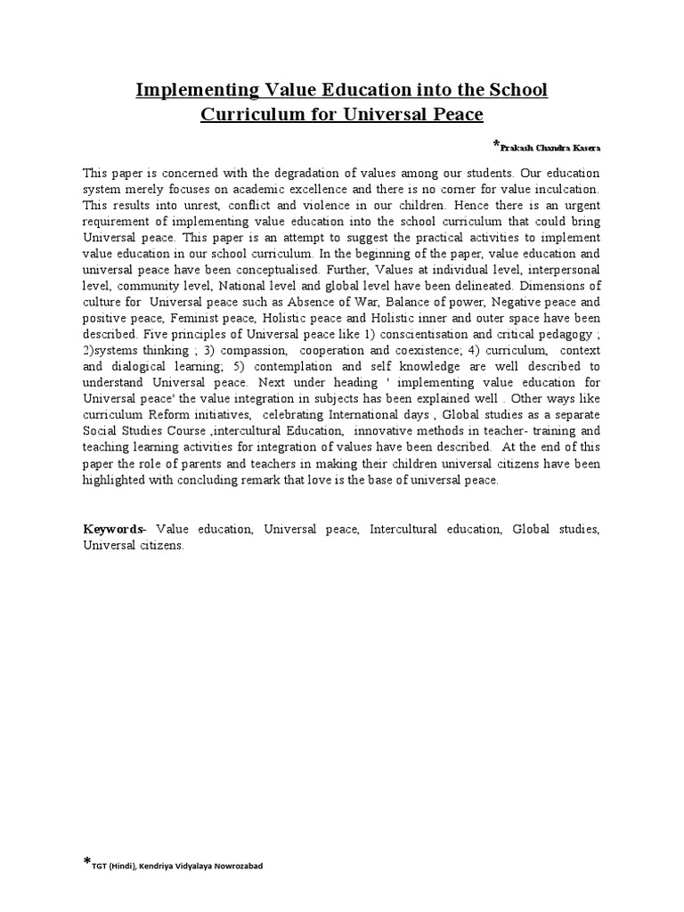 Implementing Value Education In School Curriculums To Foster Universal