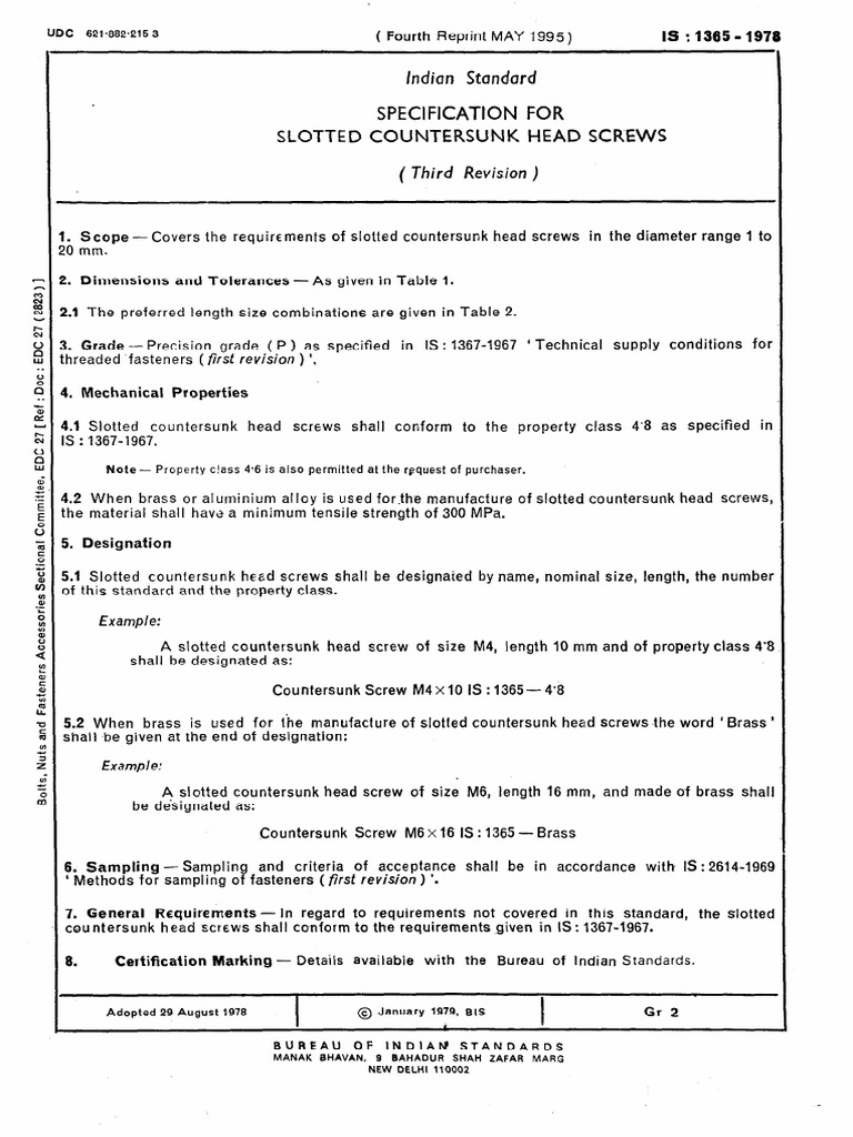 Indian Standard Specification For Slotted Countersunk Head Screws (Third Revision) PDF Screw