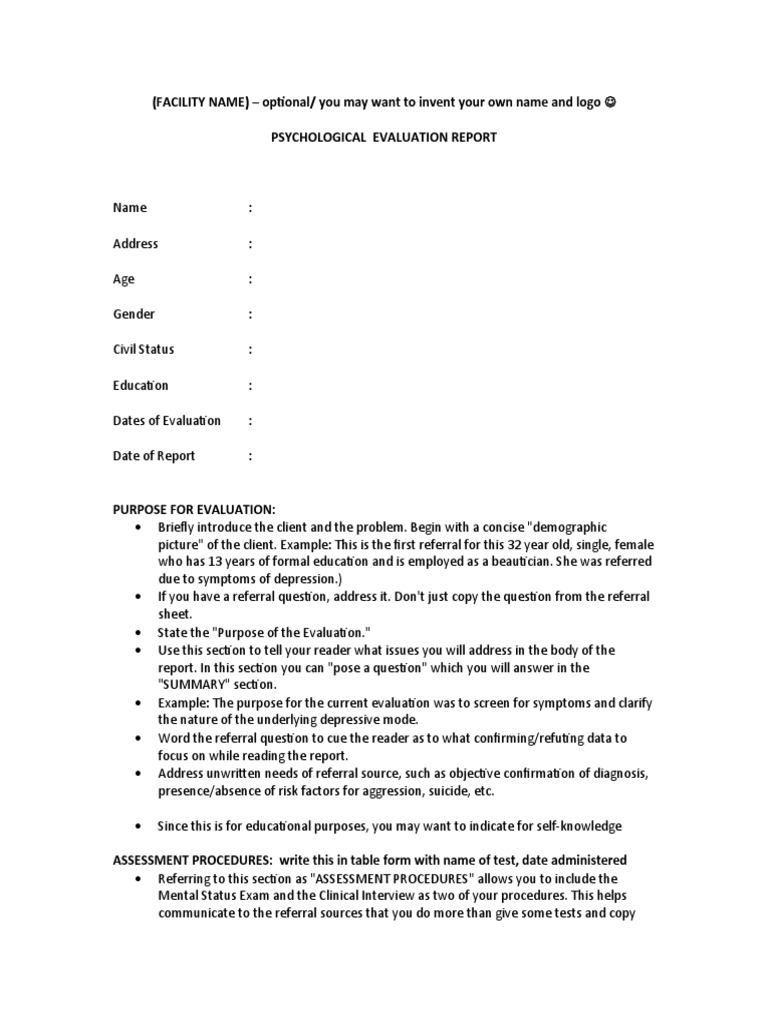 Psych Eval Report Handout PDF Neuroscience Psychological Concepts