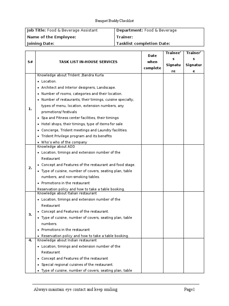 Banquet Buddy Training Checklist | PDF | Menu | Restaurants