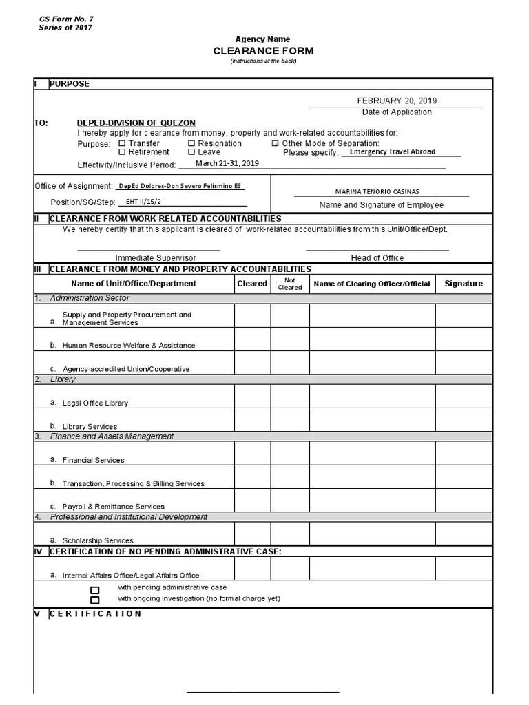 Clearance Form: CS Form No. 7 Series of 2017 | Download Free PDF ...