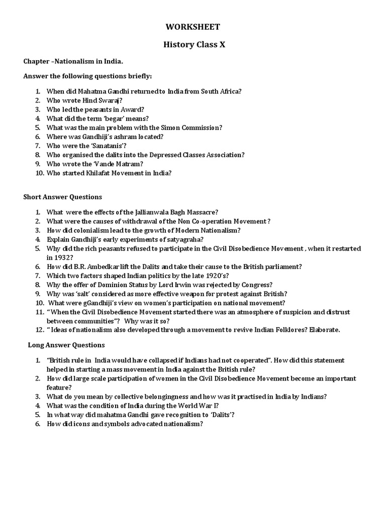 Worksheet History Class X Chapter Nationalism in India. Answer The