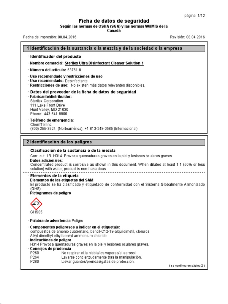 Sterilex Ultra Disinfectant Cleaner Solution 1 PDF Toxicidad