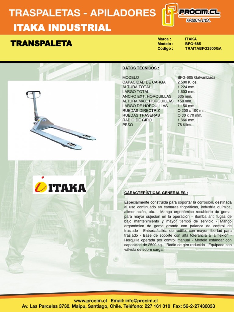 Transpaleta ITAKA BFG-685: Especificaciones | PDF