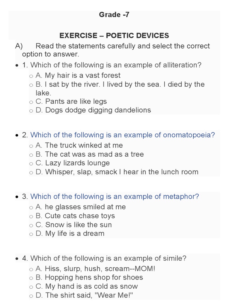 EXERCISE - POETIC DEVICES Grade 25  PDF  Poetic Devices Inside Sound Devices In Poetry Worksheet