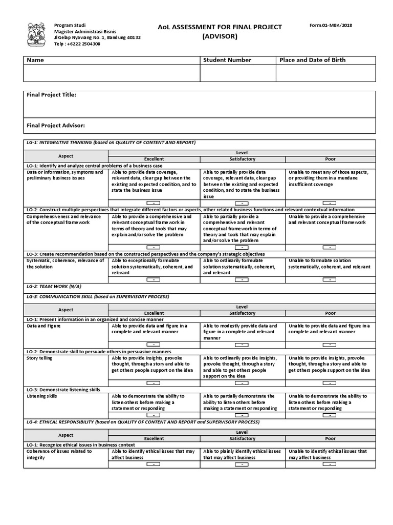 MBA Final Project Assessment Criteria | PDF | Cognitive Science ...
