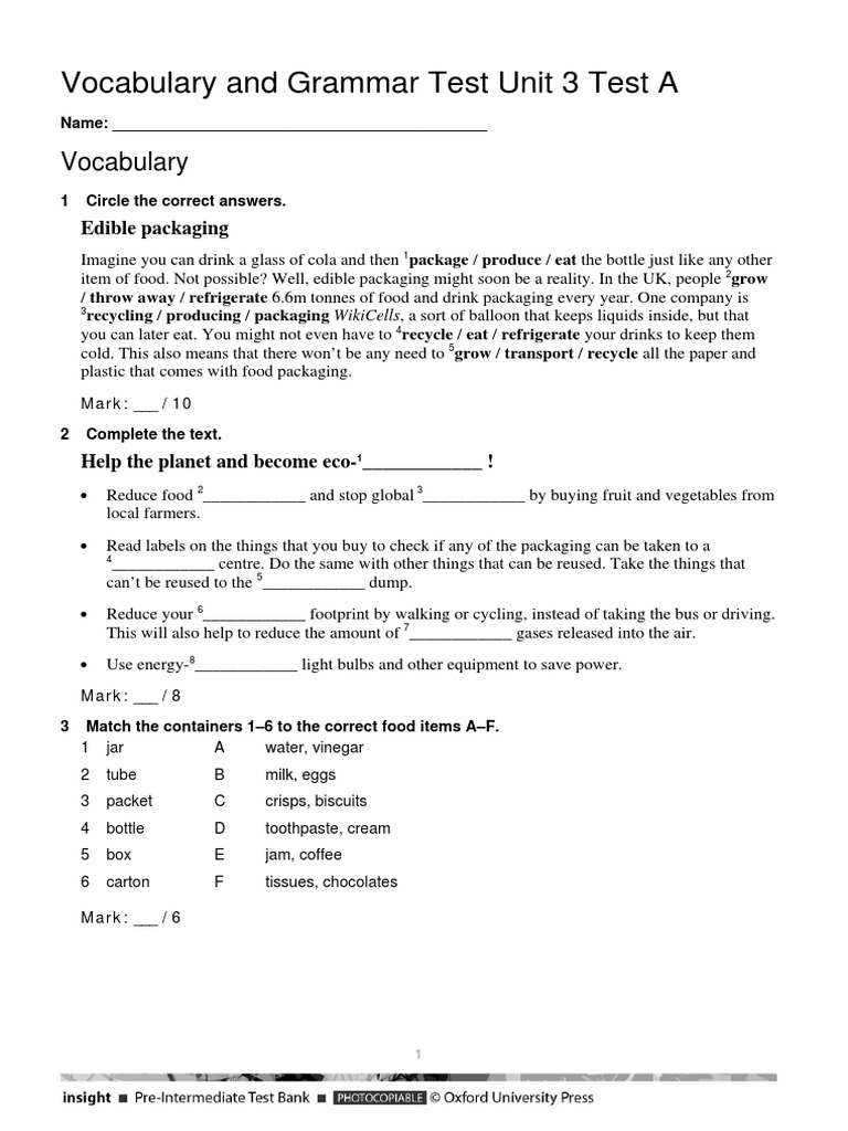 Vocabulary and Grammar Test Unit 3 | PDF | Popcorn | Foods