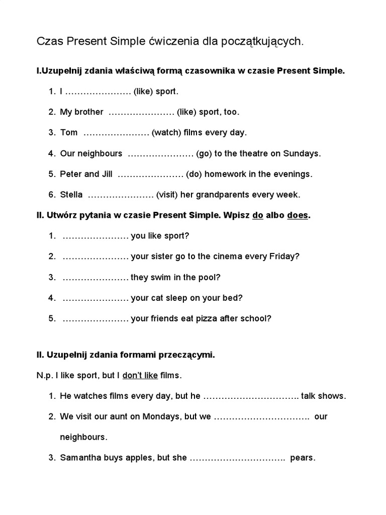 Present Simple Cwiczenia Do Druku Pdf