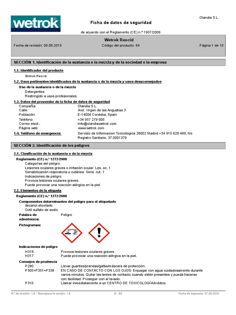 Wetrok Reocid - E-Es - 84 - 1,6 - 2019-08-06 | PDF | Etanol | Residuos