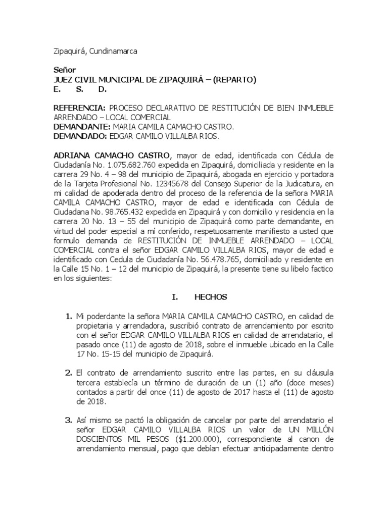 Demanda Restitución de Bien Inmueble Arrendado - Local Comercial | PDF ...