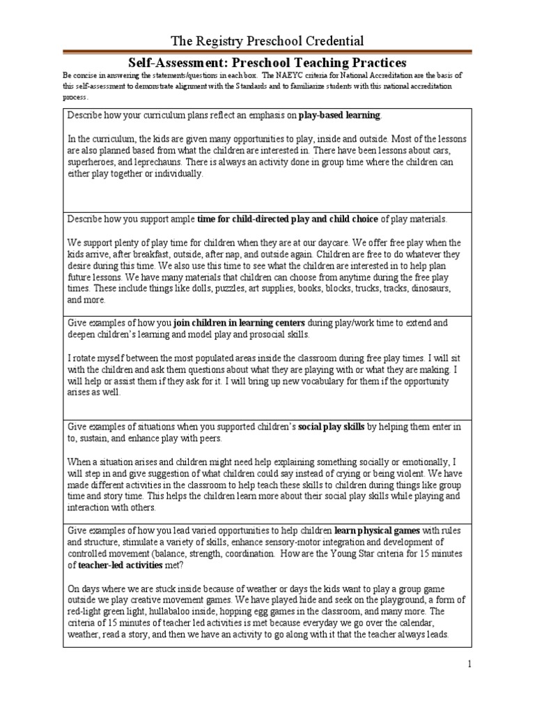 Self Assessment Preschool Teaching Practices Vocabulary Word