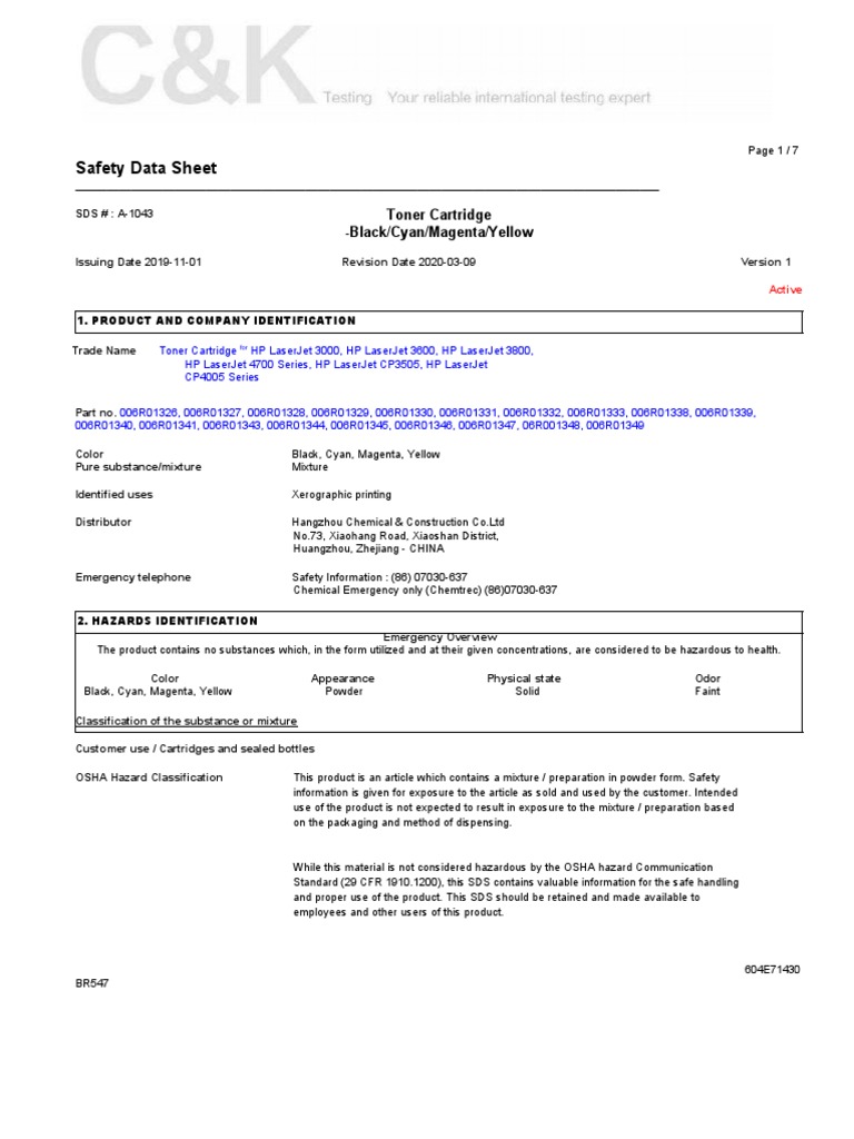 MSDS Toner Cartridge PDF Toxicity Fires