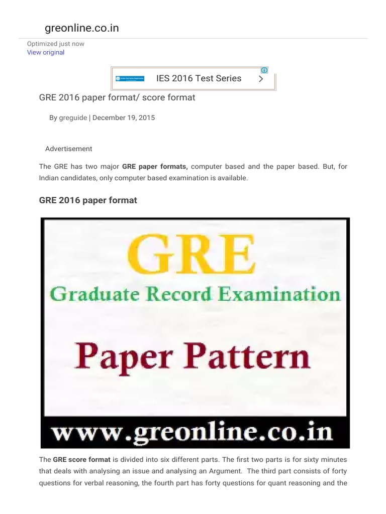Greonline - Co.in: GRE 2016 Paper Format/ Score Format | PDF