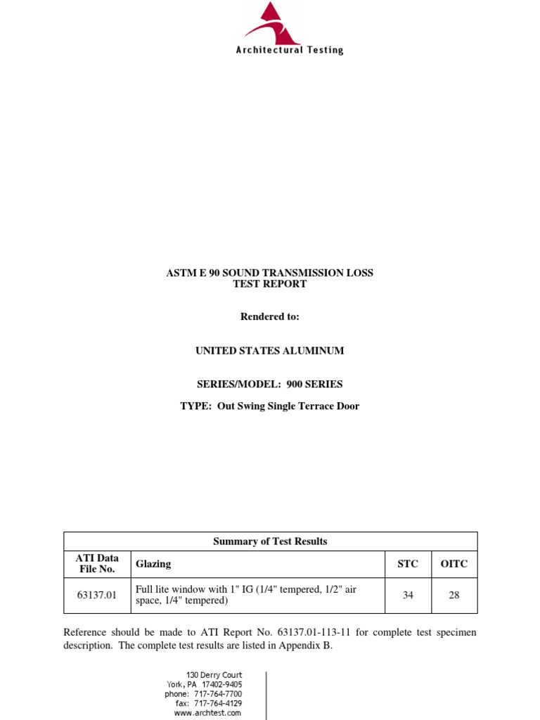 Astm E 90 Sound Transmission Loss Test Report: Architectural Testing ...