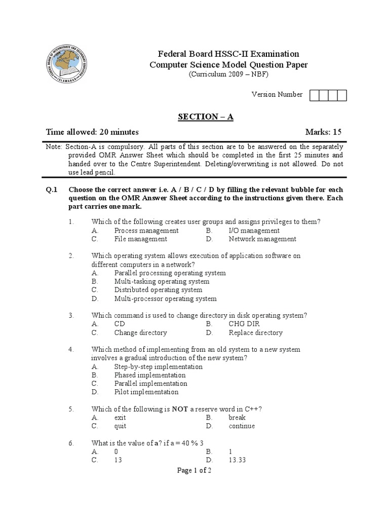 HSSC-II Computer Science Model Paper | PDF | Array Data Structure ...