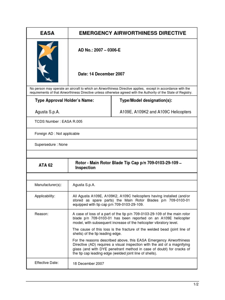 Easa Emergency Airworthiness Directive AD No. 2007 0306E PDF