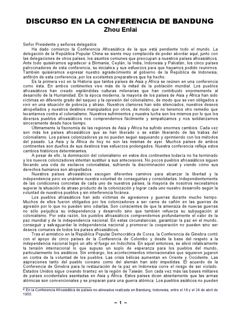 Zhou Enlai - Discursos en La Conferencia de Bandung | PDF | China