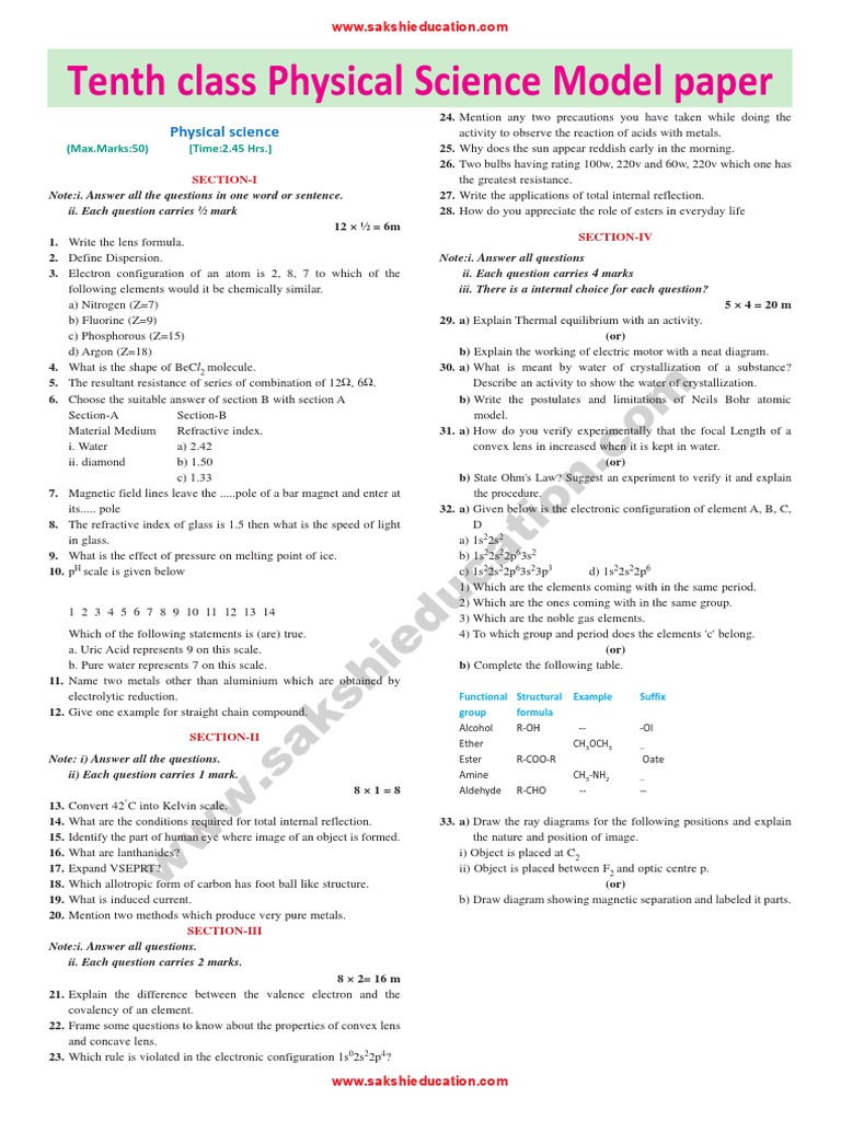 Tenth Class Physical Science Model Paper | PDF | Energy Level | Atomic ...