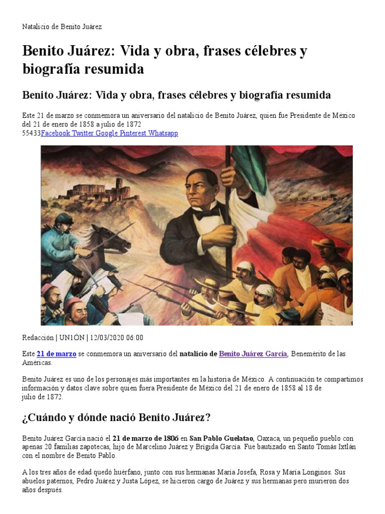 Benito Juárez - Vida y Obra, Frases Célebres y Biografía Resumida - UN1ÓN -  Guanajuato | PDF | México | Gobierno