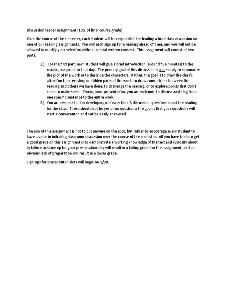 Discussion Leader Assignment Sheet PDF