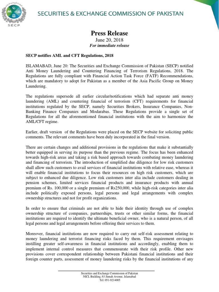 Press Release June 20 SECP Notifies AML and CFT Regulations 2018 | PDF ...