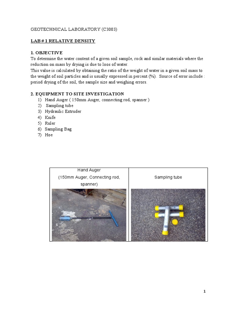 Lab # 1 Relative Density 1. Objective: Hand Auger (150mm Auger ...