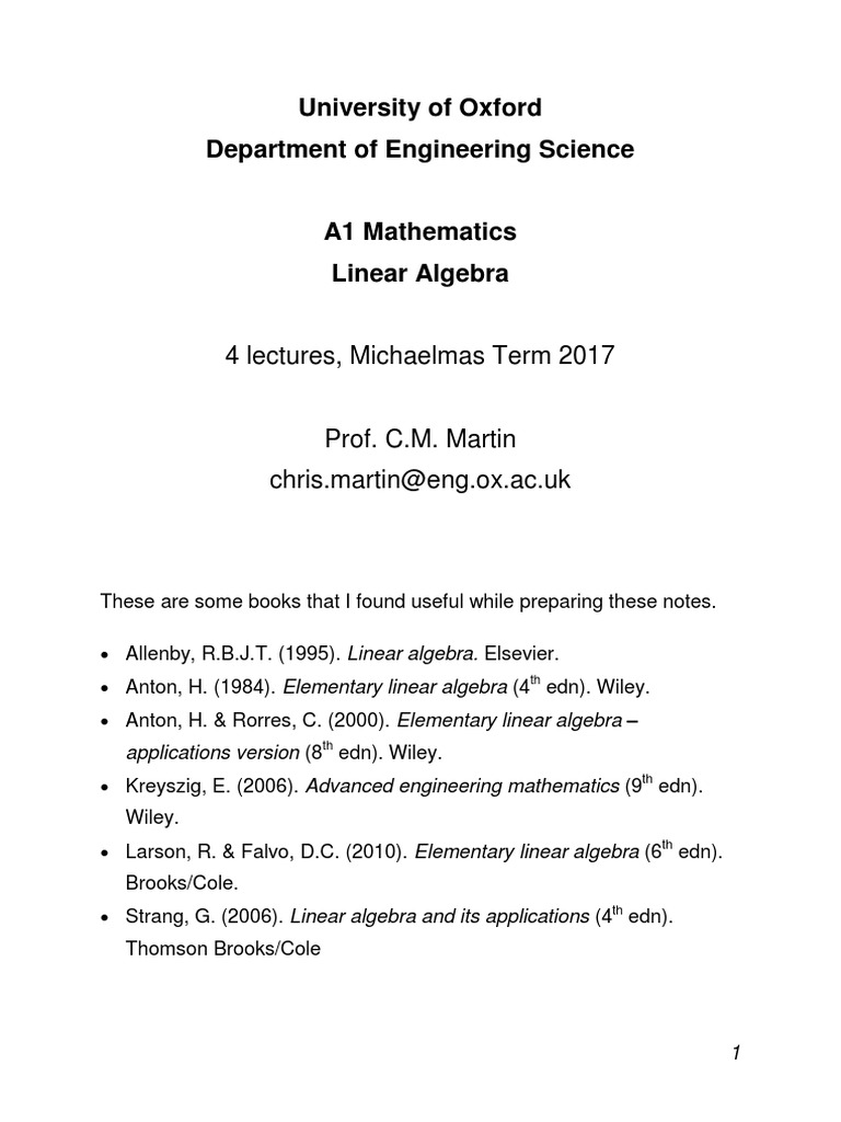 2A1 Linear Algebra L1 Notes Martin PDF | PDF | Linear Map | Matrix ...