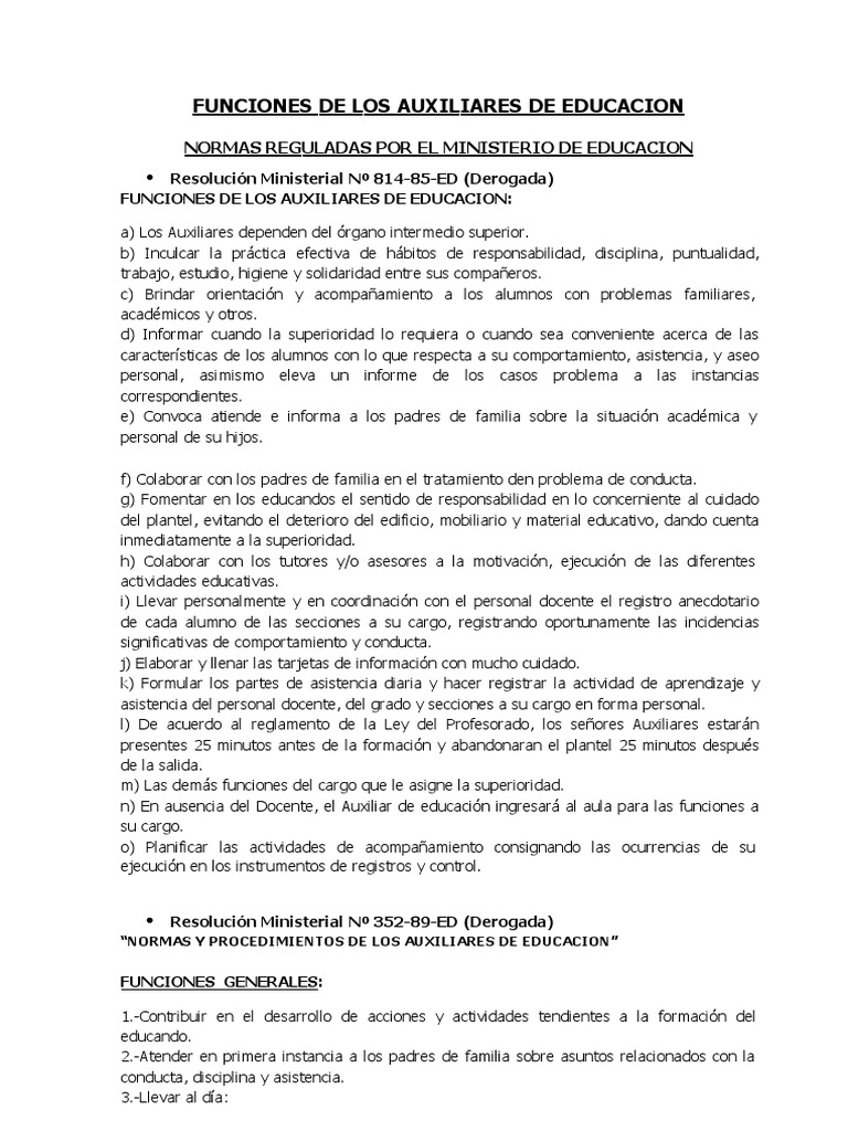 Funciones del Auxiliar de Educación | PDF | Educación primaria | Maestros