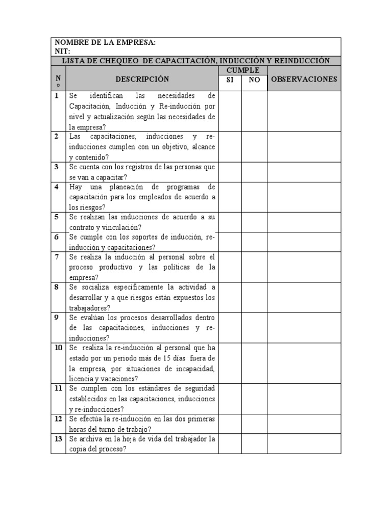 Lista de Chequeo Capacitacion, Inducción y Reinducción | PDF