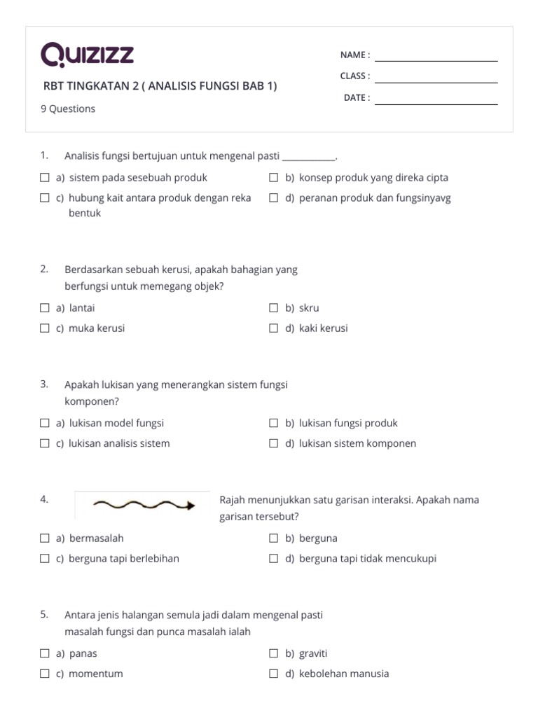 Rbt Kuiz 1 Analisis Fungsi Bab 1 Print Quizizz Pdf