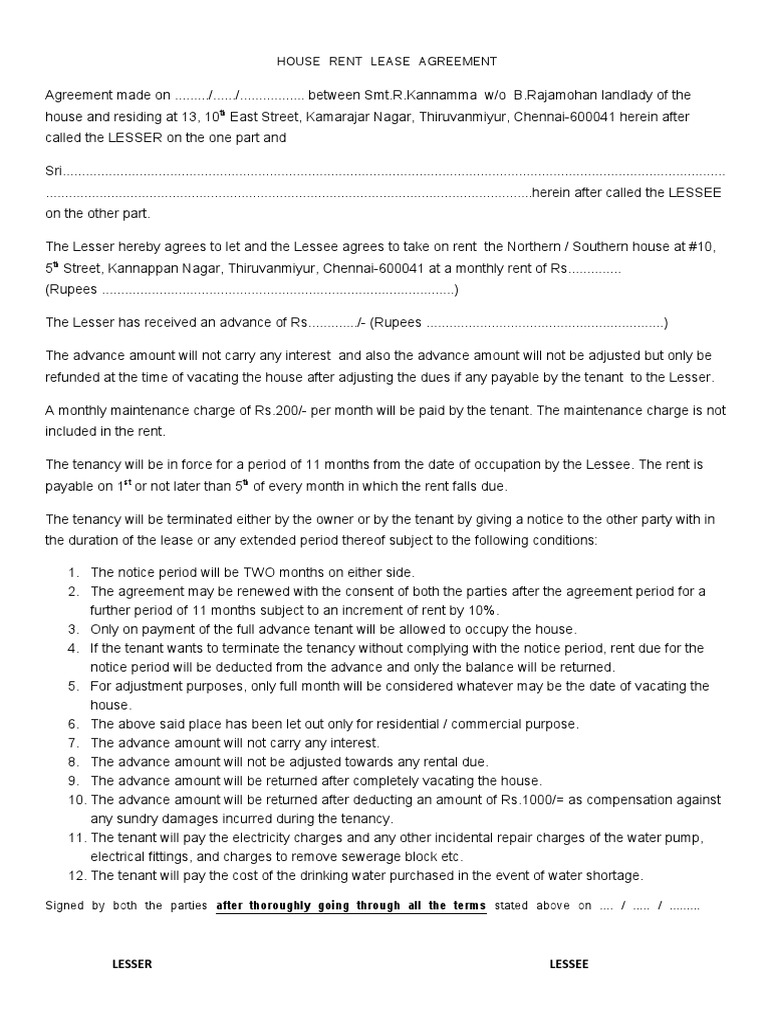 Kannappa House Rent Lease Agreement | PDF | Lease | Leasehold Estate