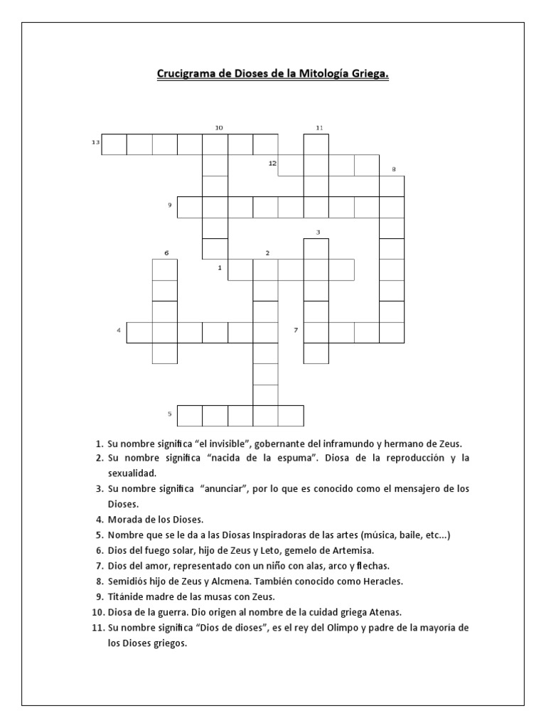 Crucigrama de Dioses de La Mitologia Griega PDF