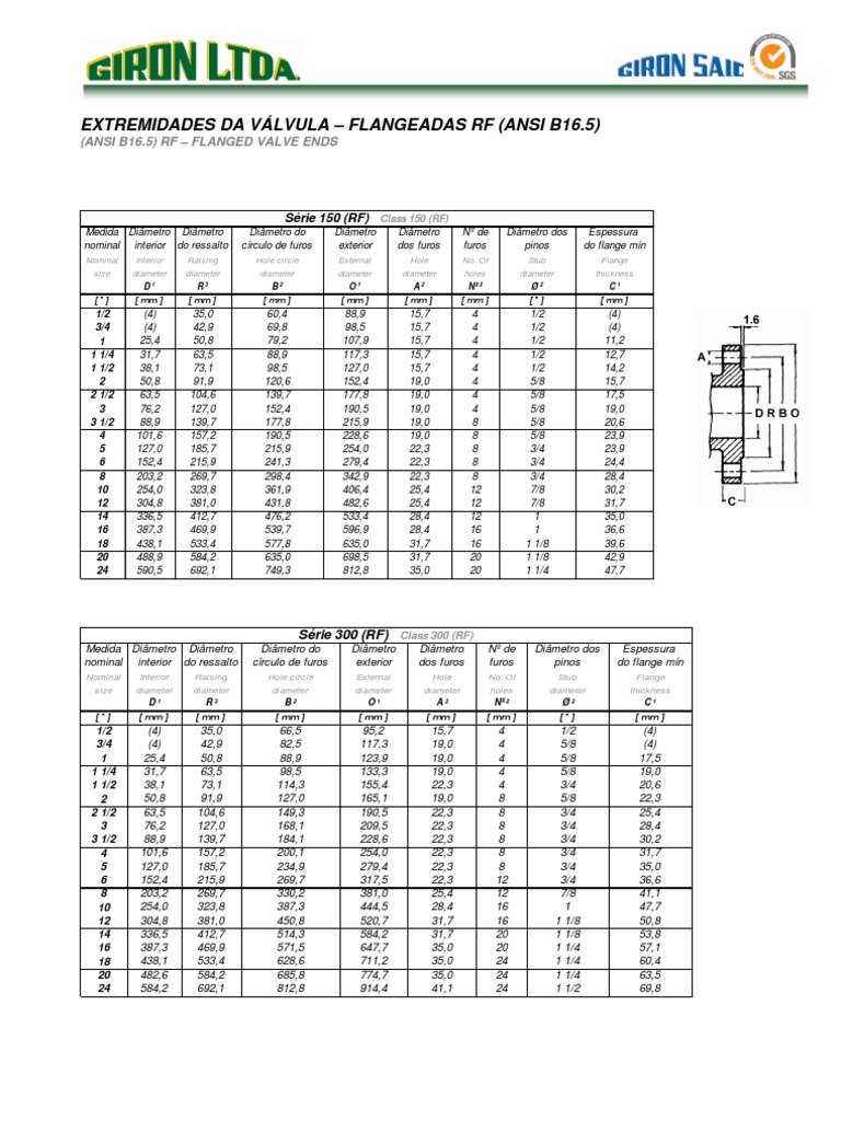 Dimensões de flanges ANSI B16.5 RF português