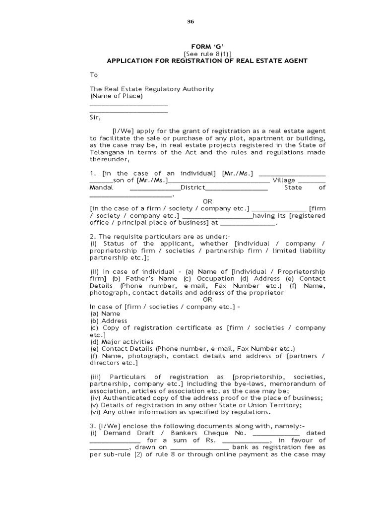 Form G' Application For Registration of Real Estate Agent PDF Sole