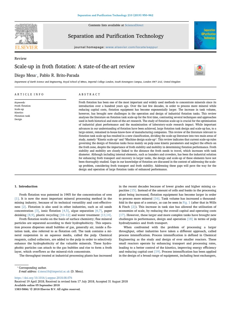 Scale Up in Froth Flotation. A State of The Art Eview. Mesa2019 | PDF ...
