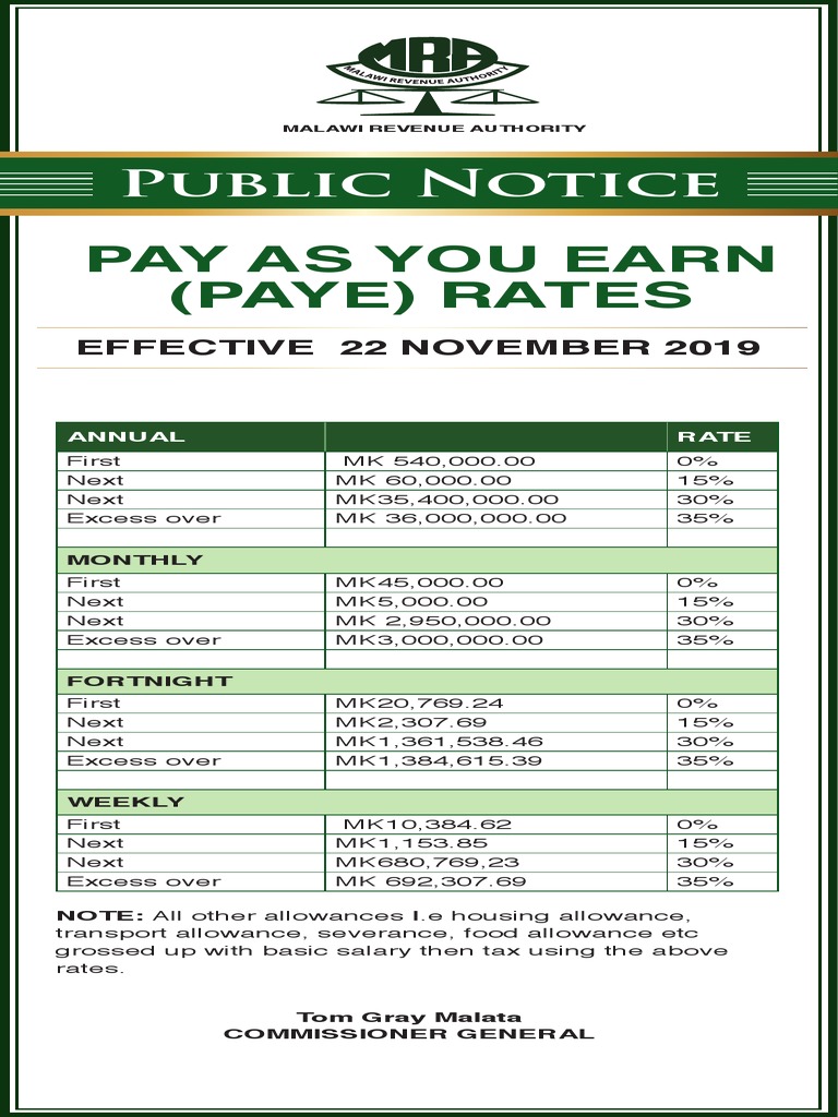 Malawi PAYE Tax Rates Update | PDF