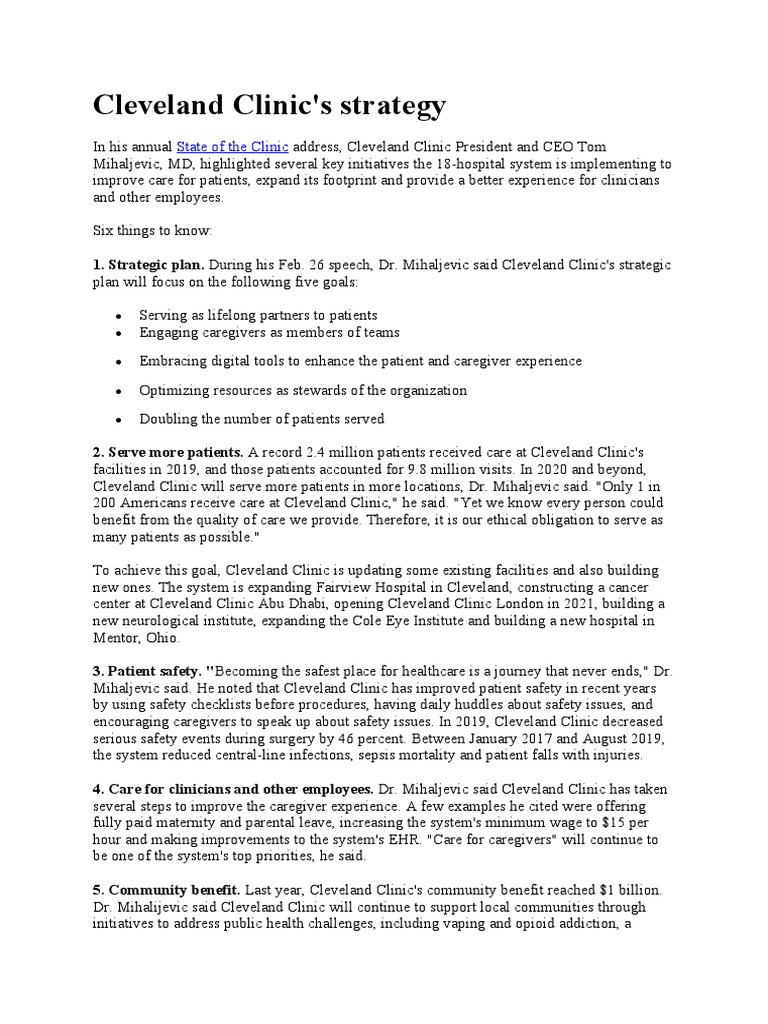Cleveland Clinic S Strategy State Of The Clinic Pdf Health Care