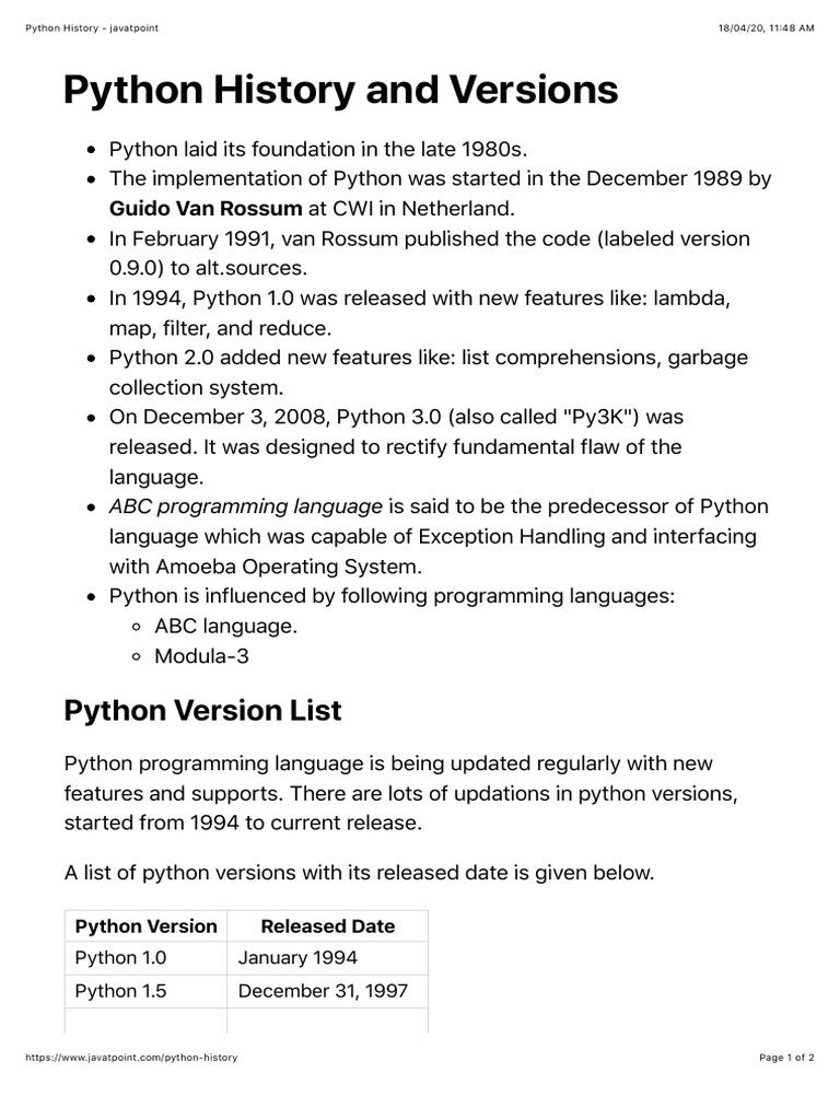 Python History and Versions | PDF | Python (Programming Language ...