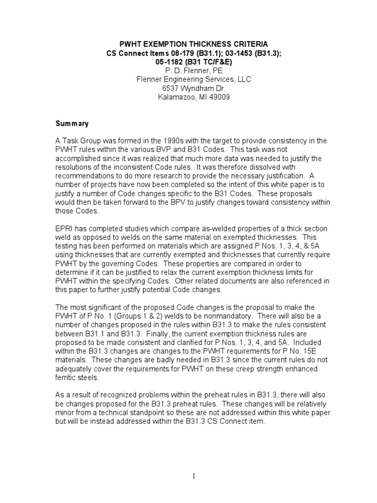 PWHT Exemption Thickness Criteria CS Connect Items 08-179 (B31.1) 03 ...
